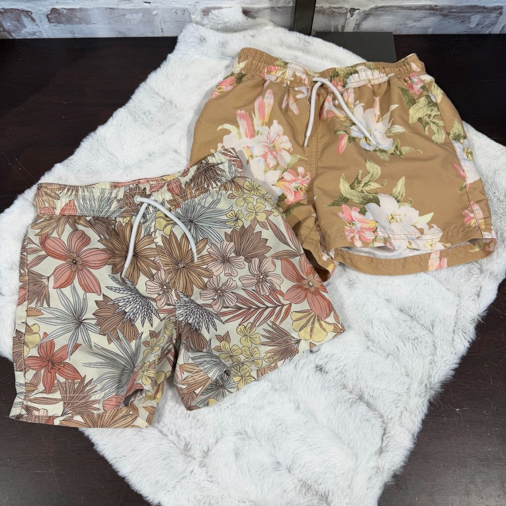 Janie and Jack Floral Drawstring  swim Shorts - Tan & Beige size 4 / 5